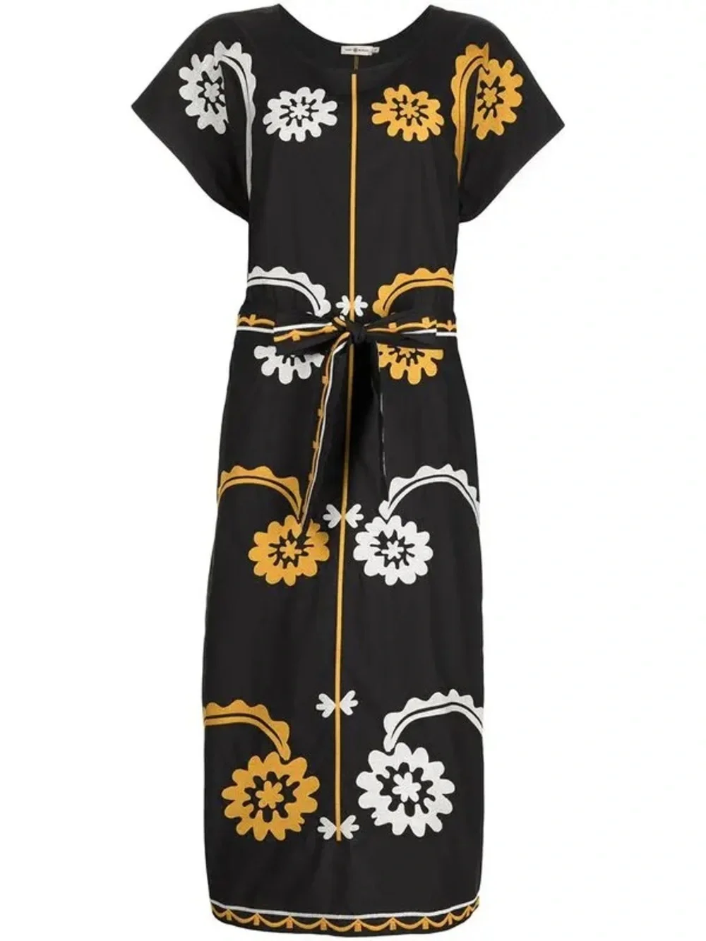 Tory Burch Embroidered Cotton Poplin Caftan Midi Dress Floral Black Gold White M